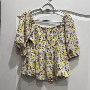 Suzy Shier Yellow and Purple Floral Blouse